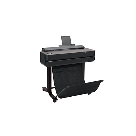 Eine großformatige schwarze Drucker mit braunem Untergestell, Papierablage und HP-Logo. Auf weißem Hintergrund.