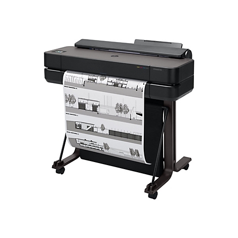 Ein schwarzer HP DesignJet T650-Großformatdrucker druckt Baupläne. Das Papier wird aus dem Drucker ausgegeben und auf einem schwarzen Ständer gehalten.