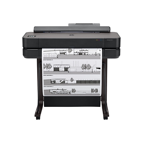 Schwarzer HP DesignJet T650 Großformatdrucker. Auf dem Papier sind Baupläne zu sehen.