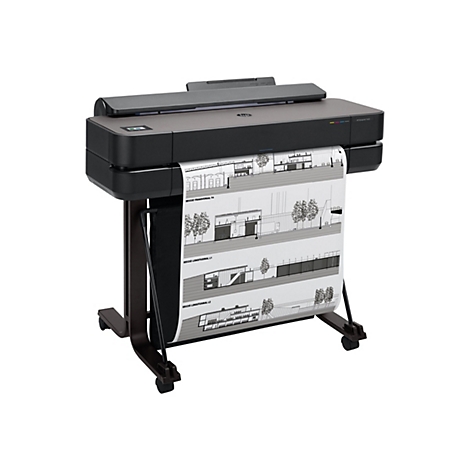 Ein großer, schwarzer HP DesignJet T650 Drucker, der ein großformatiges Architektur-Diagramm ausdruckt. Das Papier wird durch das Gerät gezogen und liegt in einer schwarzen Fangschale.