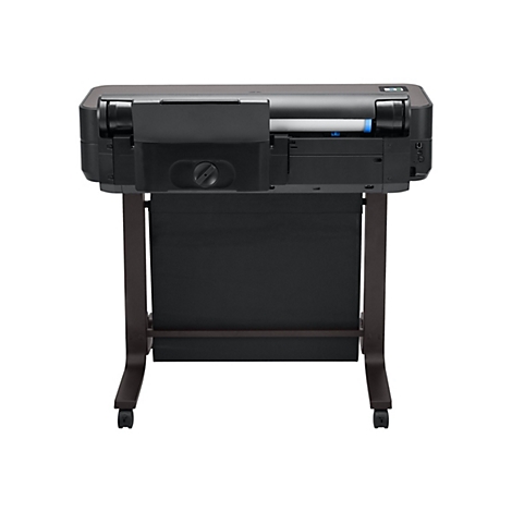 Schwarzer GroÃŸformatdrucker auf einem braunen Gestell. Das GerÃ¤t steht vor weiÃŸem Hintergrund.