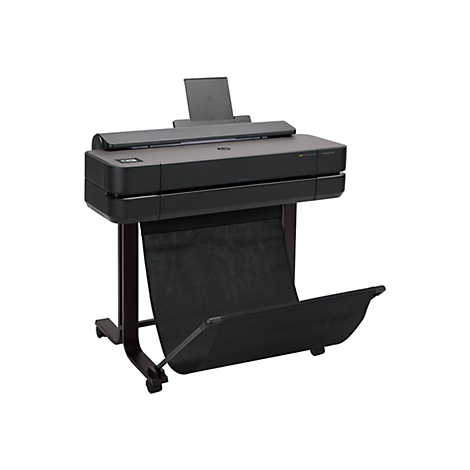 Ein schwarzer Großformatdrucker mit brauner Oberfläche steht auf einem dunklen Rollwagen. Am Gerät befindet sich ein Papierfach.