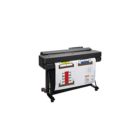 Ein großer, schwarzer Drucker mit einem Ausdruck, der ein Architekturentwurf zeigt. Der Drucker steht vor einem weißen Hintergrund.