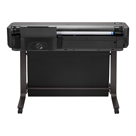 Schwarzer Großformatdrucker auf einem braunen Gestell mit Rädern, Detailansicht.