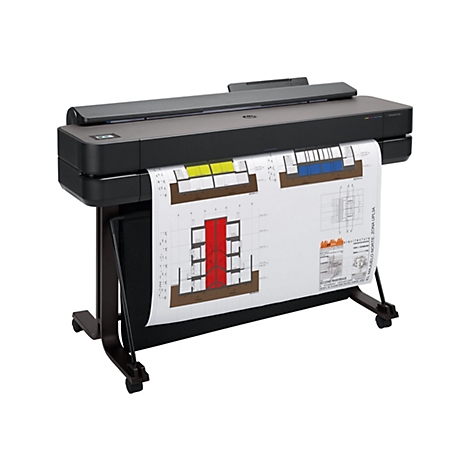 Ein großes schwarzes HP DesignJet T650 Plotter Gerät, das einen farbigen Bauplan druckt.