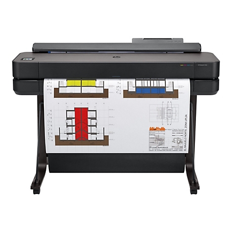 Ein schwarzer Großformatdrucker, der ein Architekturprojekt ausdruckt. Auf dem Papier sind farbige Grundrisse mit Detailzeichnungen zu sehen. Der Drucker hat das Modell HP DesignJet T650.