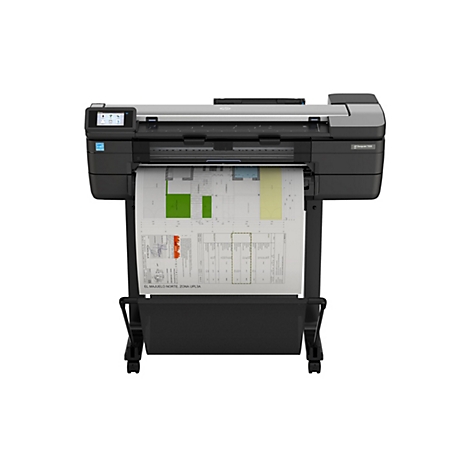 Großer HP DesignJet T830-Drucker, der ein Bauplanpapier druckt. Schwarzes Gehäuse, graue Oberseite, farbiges Touchdisplay, Papierausgabefach.