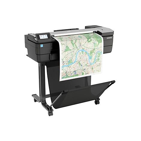 Ein großer, schwarzer Drucker, der eine Karte von London ausdruckt. Der Drucker steht auf einem Rollwagen und hat ein Touchscreen-Bedienfeld.