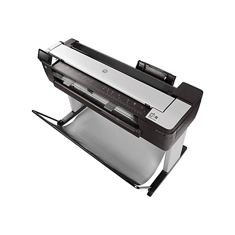 GroÃŸformatdrucker mit Papierausgabefach. Schwarz-silbernes Design, weiÃŸer Hintergrund.