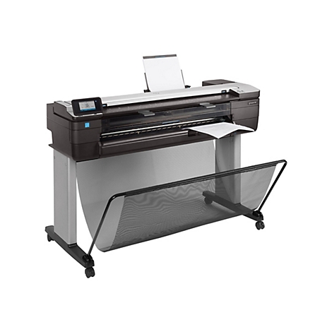 Schwarzer GroÃŸformatdrucker mit eingelegtem Papier. Das GerÃ¤t steht auf Rollen.