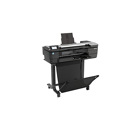 Großer, schwarzer HP Designjet T1600 Großformatdrucker. Auf Rollen, mit Bedienfeld und Papierauswurf. Vor weißem Hintergrund.