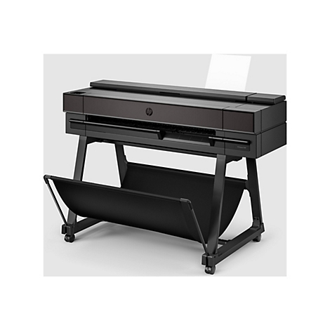 Schwarzer HP DesignJet T850 Großformatdrucker mit schwarzem Ständer und Papierfangkorb.