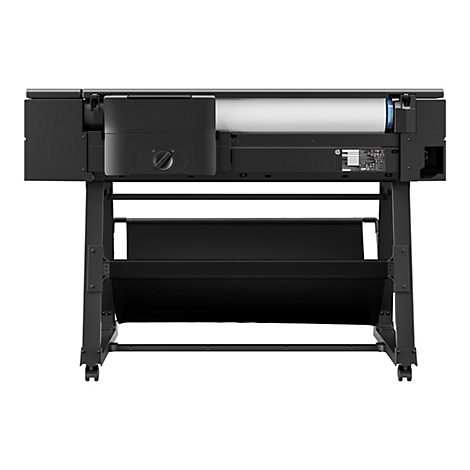 Schwarzer GroÃŸformatdrucker mit Papierrolle. Er steht auf einem Metallgestell mit Rollen.