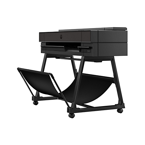 Schwarzer Großformatdrucker mit HP-Logo auf Rollen und Papiereinzug.