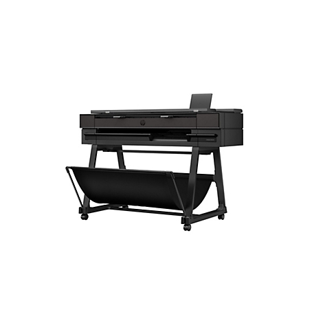 Ein schwarzer Großformatdrucker mit Standfuß, Papierablage und HP-Logo. Auf dem Drucker ist eine kleine Platte ausgeklappt.
