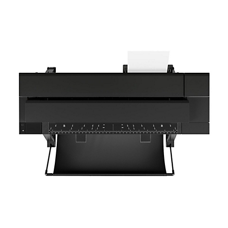 Schwarzer Großformatdrucker mit Papierausgabe von oben. Das Papier wird auf einem Ausgabefach abgelegt.