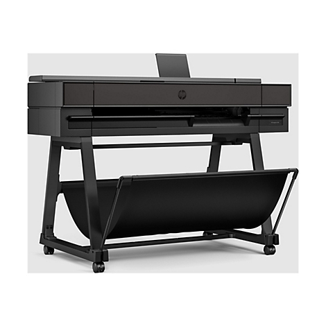 Schwarzer Großformatdrucker auf einem Rollständer, HP Logo. Aufdruck: HP DesignJet T850.