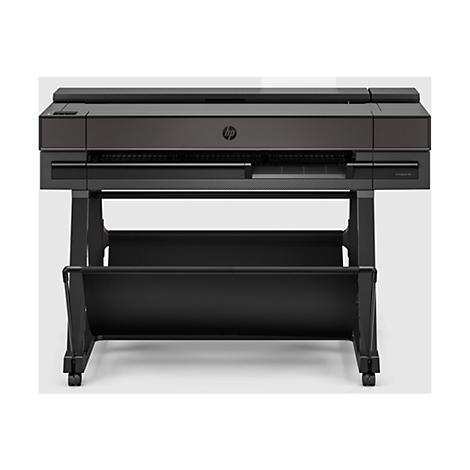 Ein schwarzer HP DesignJet T850 Großformatdrucker, der auf einem schwarzen Metallgestell steht.