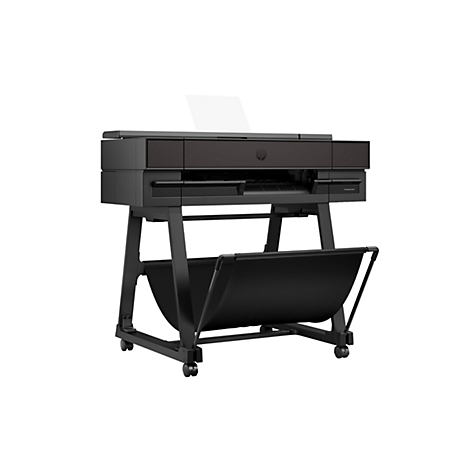 Une imprimante HP DesignJet T830 noire, posée sur un support à roulettes. Le papier est posé sur le dessus. Le logo HP est visible.