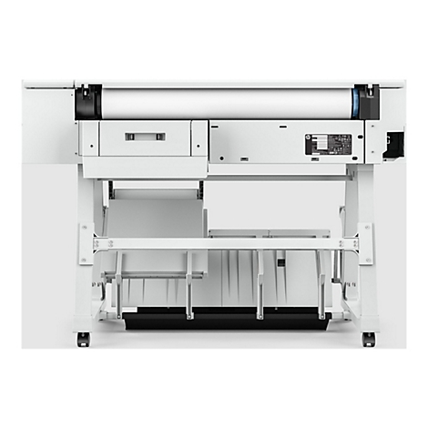 Großer, weißer Plotter von HP. Auf Rädern stehend, mit Papierrolle und Technik.