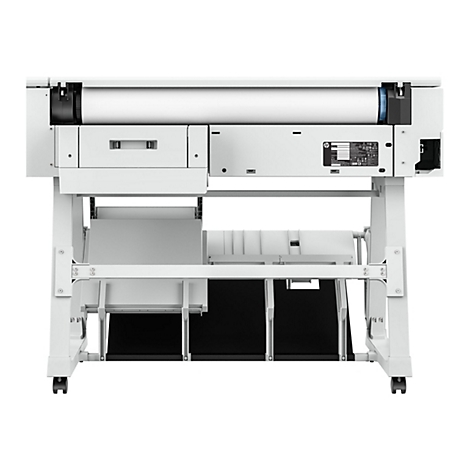 Großer, weißer Plotter von vorne. Darauf ein Papierrolle und ein schwarzes Regal.