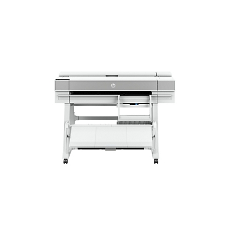 Ein weißer, grossformatiger Drucker der Marke HP. Der Drucker steht auf einem Rollwagen und hat eine integrierte Papierablage. Das HP-Logo ist deutlich sichtbar.