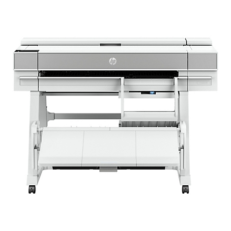 Ein weißer HP DesignJet T950 Drucker auf Rollen. Auf der Front steht das HP Logo.