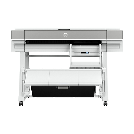 Ein weißer, grauer Großformatdrucker mit HP Logo. Er steht auf einem weißen Gestell mit Rollen, darunter ein schwarzer Ausgabebereich.