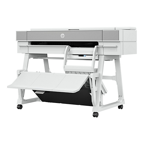 GroÃŸer weiÃŸer Drucker mit grauer Ablage, auf einem weiÃŸen Gestell mit Rollen. Das Papierausgabefach ist ausgeklappt.