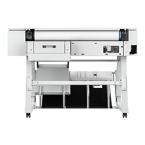 GroÃŸer weiÃŸer Drucker auf RÃ¤dern. Oben eine Rolle Papier. Schwarze und graue Details.