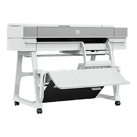 Ein groÃŸer weiÃŸer HP-Drucker mit grauer Oberseite steht auf einem weiÃŸen Gestell mit Rollen. Druckerfach ist offen.