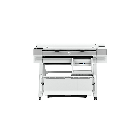 Großer, weiß-grauer HP Drucker, der auf einem weißen Hintergrund steht. Das HP Logo ist sichtbar.