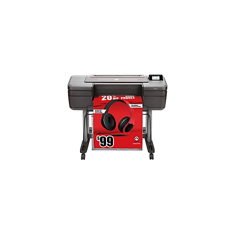 Großer Drucker druckt Werbeplakat: Rotes Plakat mit Kopfhörern und Preis $99.