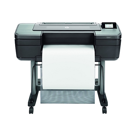 Großer, schwarzer HP DesignJet Z6 Großformatdrucker mit weißem Papier und Rollwagen. Oben ist ein kleines Farbdisplay zu sehen.