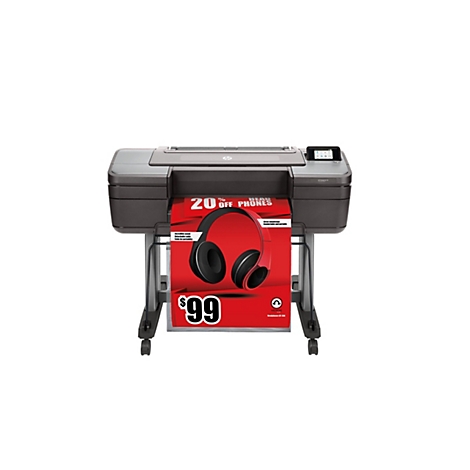 Ein großer, grauer Drucker mit einem roten Banner, das ein Kopfhörer-Werbeangebot zeigt, und einem Preis von 99 $.