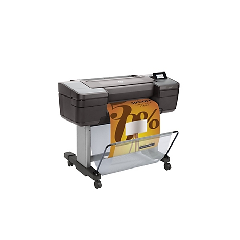 Schwarzer Großformatdrucker mit farbigem Druck. Ein farbiger Flyer mit Rabattanzeige wird gedruckt. Der Drucker steht auf einem Rollwagen.