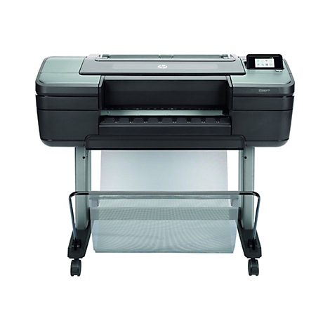 Großer, schwarzer HP Designjet Z6 Großformatdrucker mit Farbdisplay und Papierrolle. Auf weißen Hintergrund.