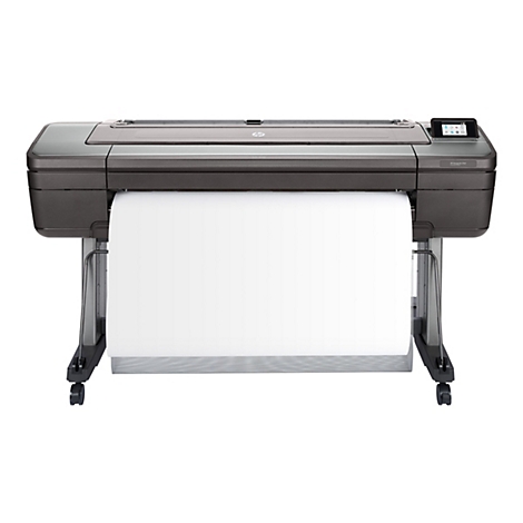 Eine graue HP DesignJet Z6dr Großformatdrucker mit Papierrolle vor weißem Hintergrund.