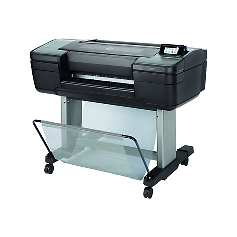 Schwarzer GroÃŸformatdrucker auf RollstÃ¤nder mit PapiersammelbehÃ¤lter.