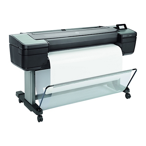 GroÃŸer, schwarzer Drucker mit weiÃŸer Papierrolle. Auf einem silbernen Gestell mit Rollen. Kleines Display rechts.