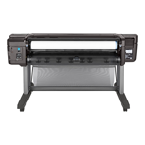 GroÃŸer, schwarzer Plotter mit weiÃŸer Papierrolle. Auf einem Metallrahmen montiert.
