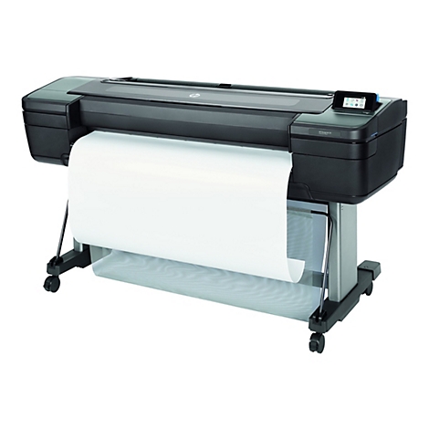 GroÃŸer, schwarzer HP-Drucker mit Papierrolle und Bedienfeld.