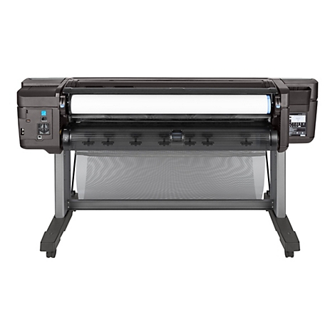 Schwarzer GroÃŸformatdrucker mit Papierrolle, Untergestell und Auffangvorrichtung. Auf weiÃŸem Hintergrund.