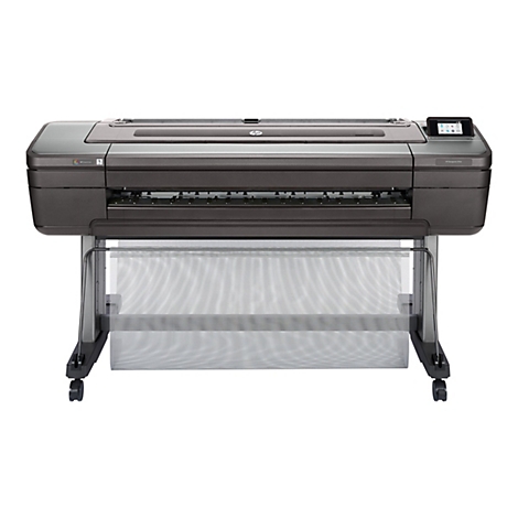 GroÃŸer, grauer HP-Plotter mit Rollen und StÃ¼tzgestell, bedientafel rechts.