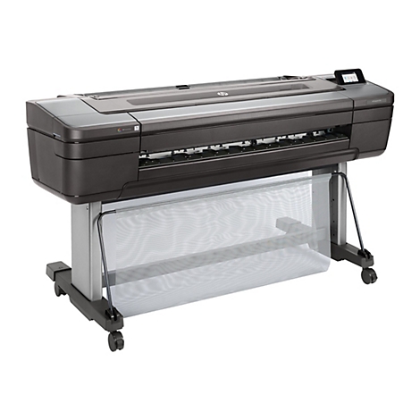 Ein großer, dunkler Drucker auf einem Rollwagen. Der Drucker hat das HP Logo.