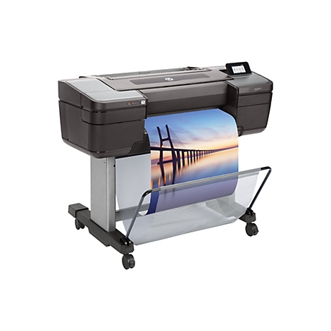 Großer, dunkler Tintenstrahldrucker mit einem gedruckten Bild einer Brücke. Ein Touchscreen-Display ist rechts platziert.