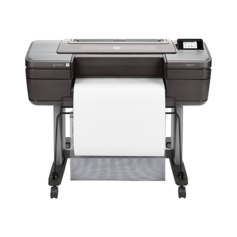 Großer Drucker, grauschwarz, mit weißem Papierauswurf. Schwarzes Gestell mit Rollen.