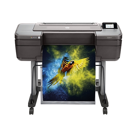 Eine großformatige HP DesignJet Z9+ Drucker druckt ein farbenfrohes Bild eines Papageis vor blau-gelbem Hintergrund.