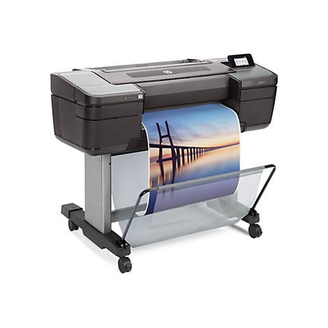 Ein großer, dunkler Tintenstrahldrucker, der ein gedrucktes Bild einer Brücke ausgibt. Der Drucker hat einen Touchscreen und steht auf einem Rollwagen.