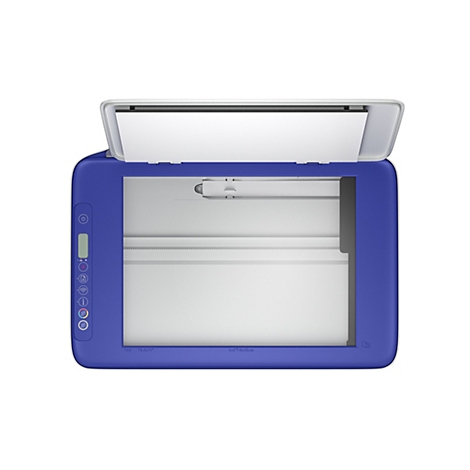 Vue de dessus d'un scanner bleu ouvert. Une feuille de papier se trouve dans la zone de numérisation.